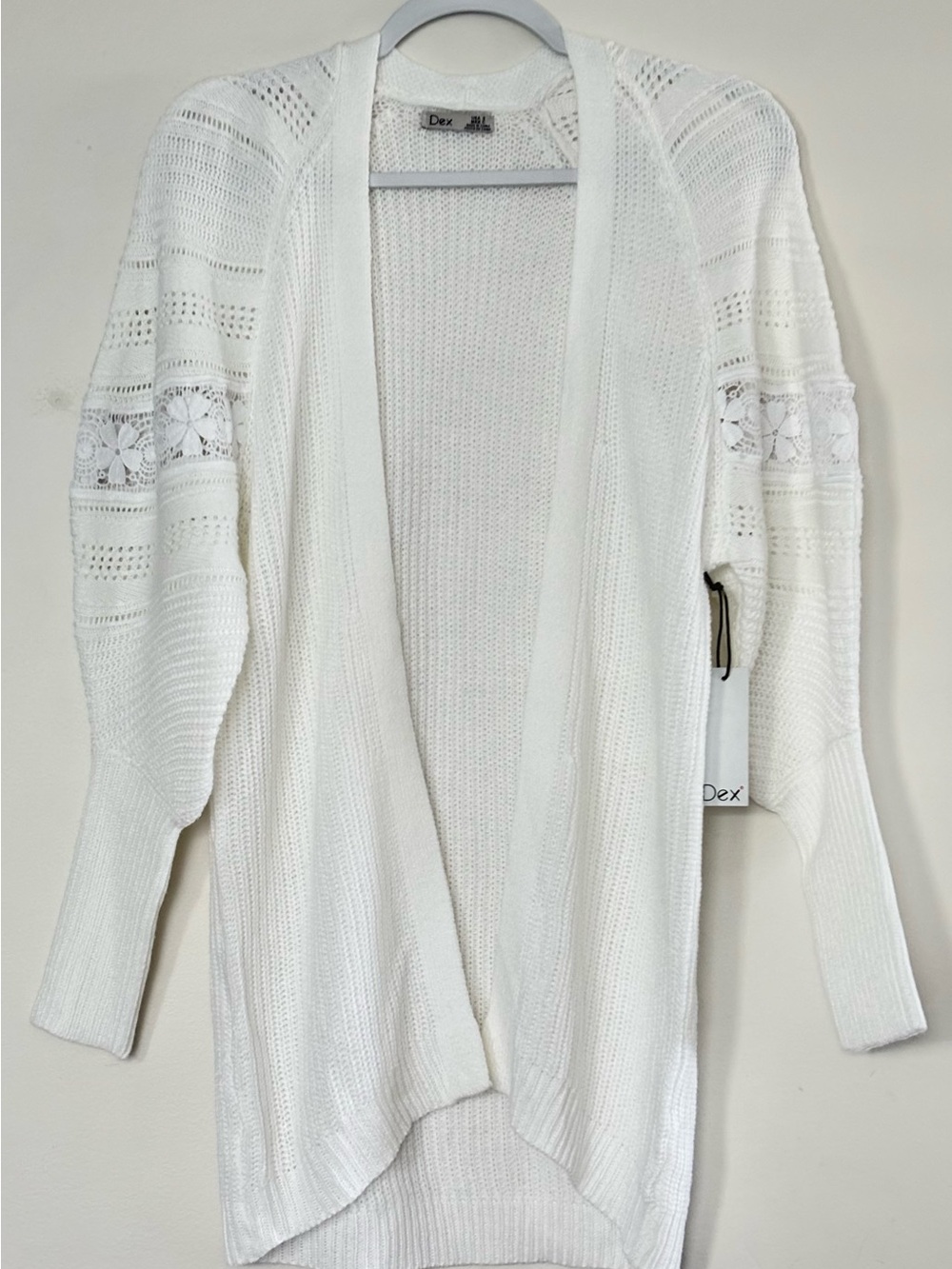 Dex White Open-Front Crochet Sleeve Cardigan - size Small